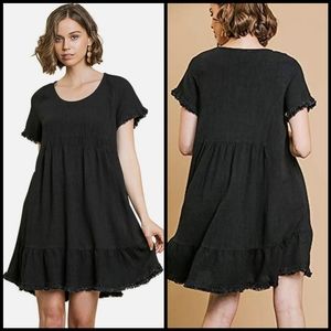 Umgee Linen Blend Dress, Women's Large, Black, Fringe, High Low
